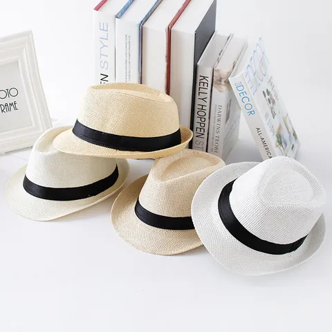 Sommer Eltern-Kind Jazz Fedora Strohhut Für Jungen Mädchen Herren Damen Atmungsaktive Sonnenschutz Papier Stroh Strandhut Mit Schwarzem Band
