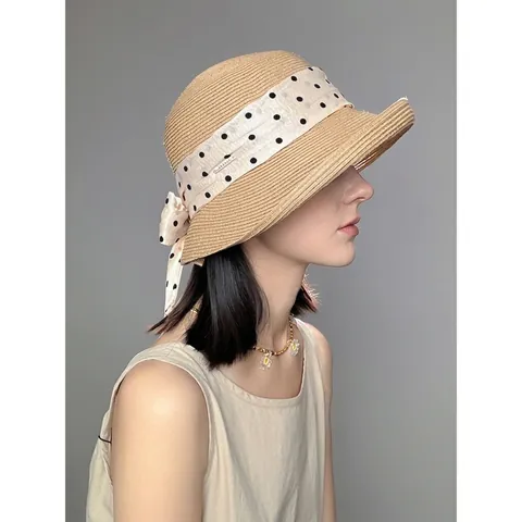 Cappello di Paglia Elegante a Tesa Larga da Donna Stile Francese Nastro a Pois Fiocco Protezione Solare Traspirante Mare Vacanza