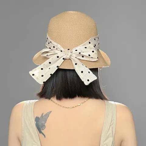 Cappello di Paglia Elegante a Tesa Larga da Donna Stile Francese Nastro a Pois Fiocco Protezione Solare Traspirante Mare Vacanza