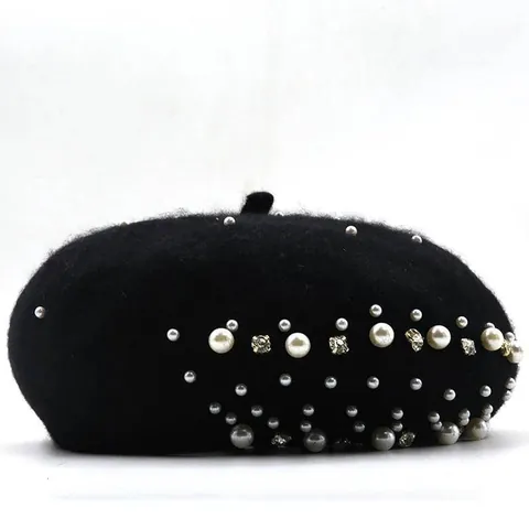 Women Vintage Wool Blend Beret Hat Artificial Pearl Rhinestone Warm Winter Elegant French Artist Cap Accessory