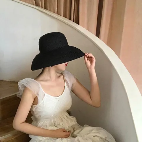 Vintage Französischer Hepburn-Stil Damen Strohhut Papierstroh Breite Krempe Faltbar Sonnenschutz Strand Sommerurlaub Hut