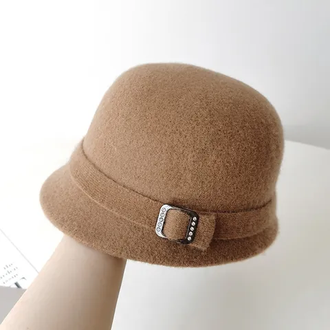 French Retro Wool Blend Cloche Hat For Women Autumn Winter Elegant Hepburn Style Bucket Hat With Rhinestone Buckle
