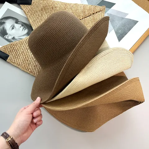 Japanese Minimalist Foldable Sun Protection Straw Bucket Hat For Women Wide Brim Breathable Summer Beach Sunshade Packable Straw Hat