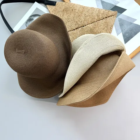 Japanese Minimalist Foldable Sun Protection Straw Bucket Hat For Women Wide Brim Breathable Summer Beach Sunshade Packable Straw Hat