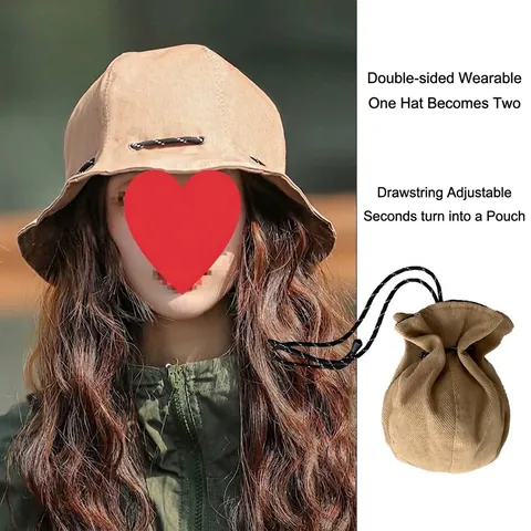 Retro Dual-Use Bucket Hat For Men Women Cotton Portable Foldable Drawstring Sunshade Hat Reversible Pouch Bag Multifunctional Outdoor Travel Accessories