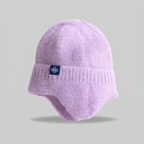 Women Winter Warm Knit Earflap Hat Thick Polyester Windproof Beanie Hat For Outdoor Cycling Snowflake Patch Thermal Skull Cap