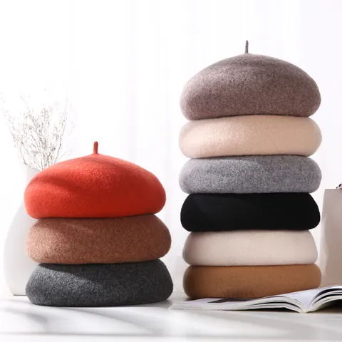 Béret en Mélange de Laine Style Rétro Britannique pour Femme Couleur Unie Bonnet de Peintre Chaud d'Hiver Taille Ajustable
