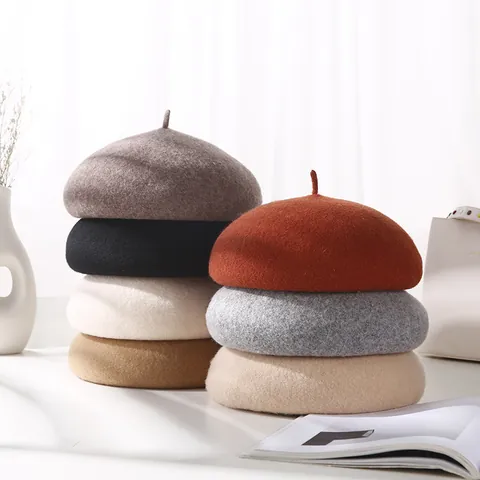 Béret en Mélange de Laine Style Rétro Britannique pour Femme Couleur Unie Bonnet de Peintre Chaud d'Hiver Taille Ajustable