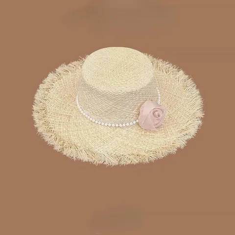 French Vintage Raffia Sun Hat Women Large Brim Straw Beach Hat With Artificial Pearl Flower Decoration Flat Top Sunshade Cap