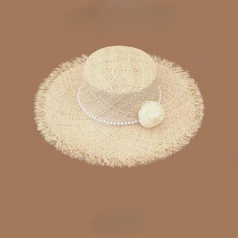 French Vintage Raffia Sun Hat Women Large Brim Straw Beach Hat With Artificial Pearl Flower Decoration Flat Top Sunshade Cap