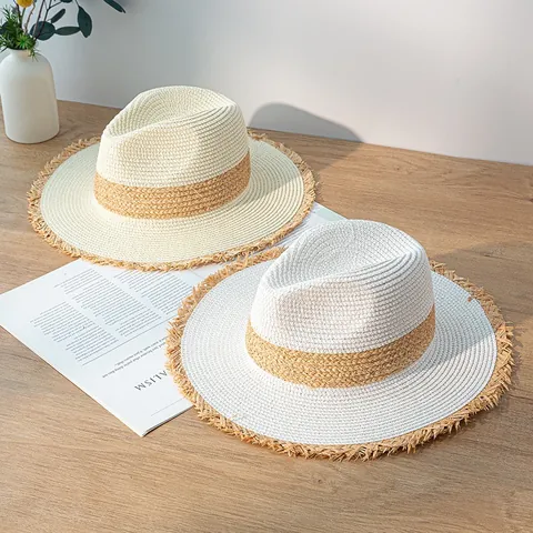 Women Vintage Color Block Straw Hat With Frayed Edge Sun Protection Summer Beach Wide Flat Brim Fedora Jazz Hat