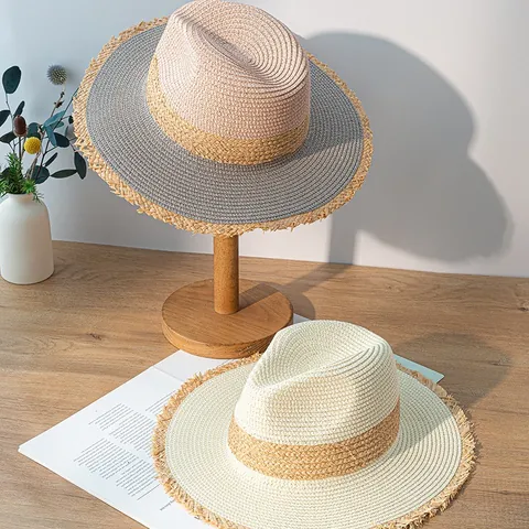 Women Vintage Color Block Straw Hat With Frayed Edge Sun Protection Summer Beach Wide Flat Brim Fedora Jazz Hat