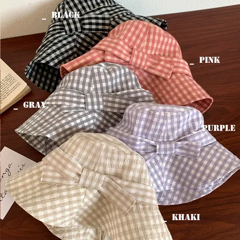Women's Gingham Check Bucket Hat With Bow And Adjustable Tie Foldable Cotton Blend Sun Protection Summer Beach Basin Hat