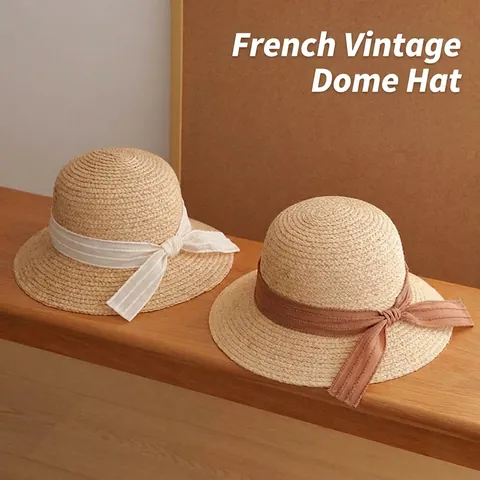 French Vintage Raffia Straw Hat For Women Summer Beach Wide Brim Sun Hat With Bow Ribbon Adjustable Travel Fisherman Hat