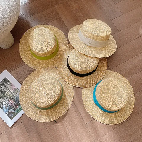 Women Vintage Flat Top Straw Hat Summer Beach Sun Protection Wide Brim Ribbon Hat Straw Woven Fedora Panama Hat