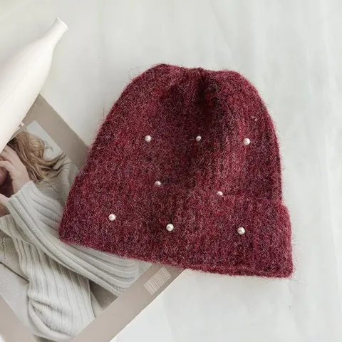 Winter Sweet Warm Knitted Beanie Hat For Women Artificial Pearl Decoration Elastic Large Head Circumference Ear Protection Soft Thermal Skull Cap