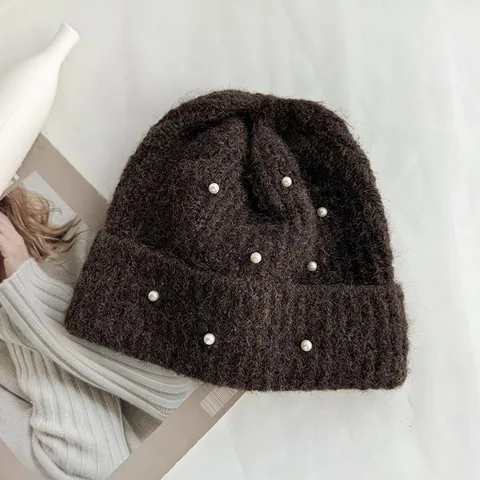 Winter Sweet Warm Knitted Beanie Hat For Women Artificial Pearl Decoration Elastic Large Head Circumference Ear Protection Soft Thermal Skull Cap