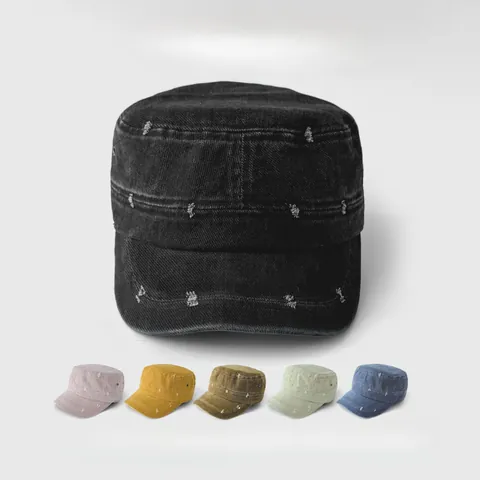 Distressed Washed Cotton Cadet Cap For Women Korean Style Ripped Military Hat Flat Top Adjustable Breathable Sun Hat