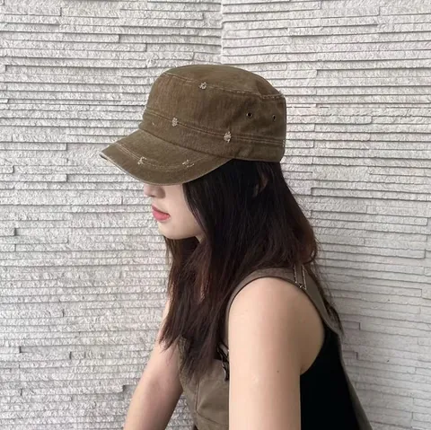 Distressed Washed Cotton Cadet Cap For Women Korean Style Ripped Military Hat Flat Top Adjustable Breathable Sun Hat