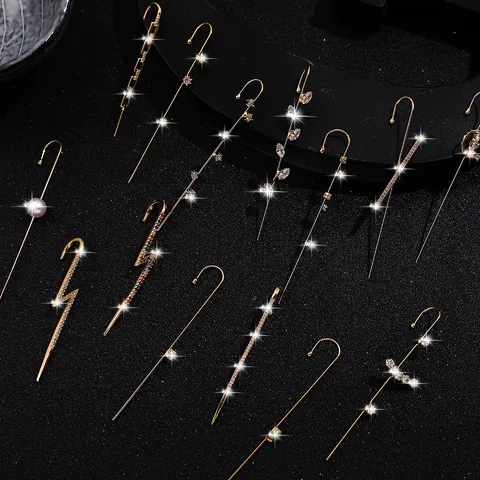 Trendy Gold Plated Rhinestone Ear Crawler Single Ear Wrap Personalized Geometric Lightning Earring For Women Fashion Jewelry
