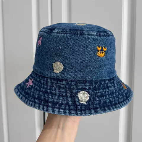 Kids Denim Bucket Hat Embroidered Sea Life Shell Starfish Crab Sun Protection Fisherman Cap Boys Girls Sun Hat