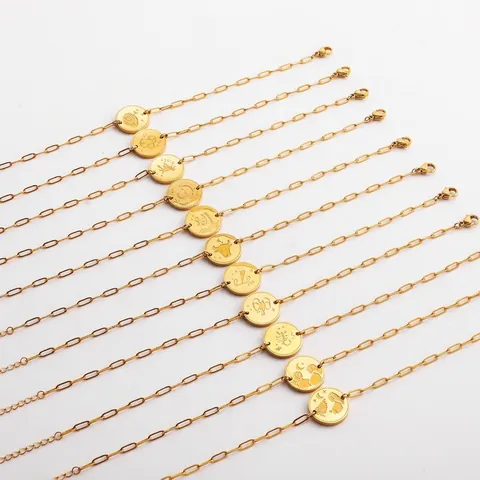 18K Gold Plated Stainless Steel 12 Zodiac Sign Coin Pendant Paperclip Chain Bracelet For Women Men Minimalist Jewelry Gift