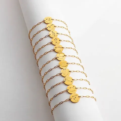 18K Gold Plated Stainless Steel 12 Zodiac Sign Coin Pendant Paperclip Chain Bracelet For Women Men Minimalist Jewelry Gift
