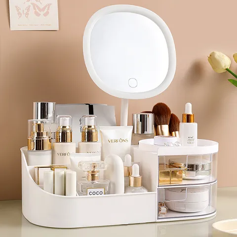 Schreibtisch Make-up Organizer Schubladentyp Kosmetik Aufbewahrungsbox Mit LED Spiegel Hautpflege Rack Für Frisiertisch Zuhause Organizer