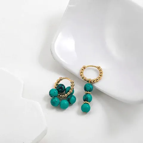 French Vintage Asymmetric Stainless Steel Hoop Earrings For Women Turquoise Daisy Heart Minimalist Cold Style Jewelry