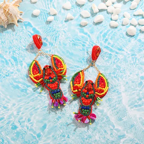 Handmade Woven Seed Bead Sea Animal Drop Earrings For Women Fashion Lobster Seahorse Turtle Rhinestone Dangle Earrings Beach Vacation Jewelry