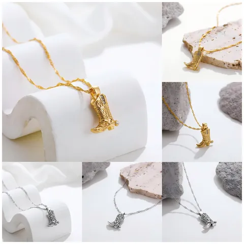 18K Gold Plated Stainless Steel Cowboy Boot Pendant Necklace Western Boots Punk Individual Zirconia Jewelry For Men Women Gift