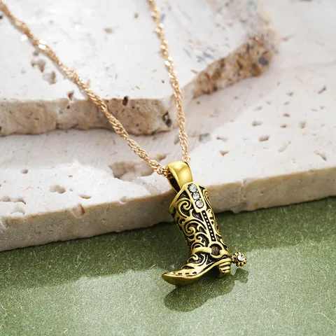 18K Gold Plated Stainless Steel Cowboy Boot Pendant Necklace Western Boots Punk Individual Zirconia Jewelry For Men Women Gift