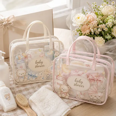 Transparent PVC Floral Makeup Bag Waterproof Portable Travel Toiletry Bag French Rose Bear Cosmetic Organizer For Women