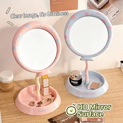 Cute Ins Style Desktop Makeup Mirror With Balloon Shape ABS Frame Adjustable Wave Stand Storage Tray Base For Girls Dormitory
