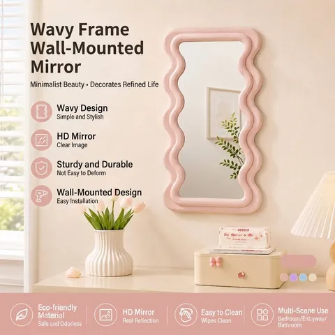 Nordic Wavy Border Wall Mounted Makeup Mirror Cream Style Decorative Plastic Mirror For Bedroom Bathroom High Definition Silver Mirror