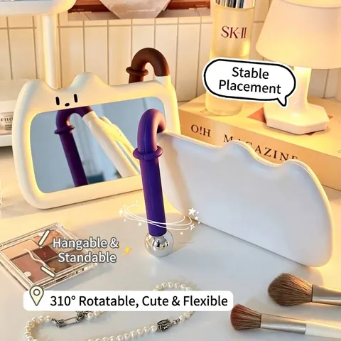 Mignon Miroir de Maquillage de Bureau Forme Oreille de Chat Miroir Rotatif Cadre en Plastique Portable Miroir Face Unique pour Dortoir et Chambre