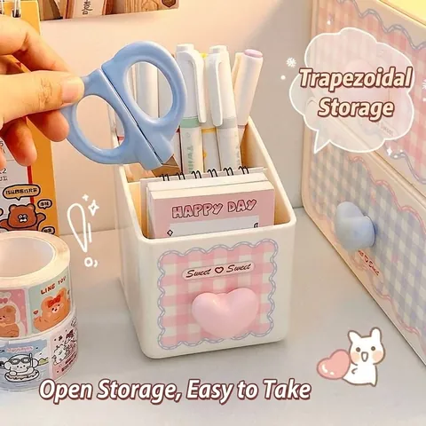 Cute Heart Divided Pen Holder Desktop Stationery Organizer Multi-functional Plastic Storage Box Student Office Pink Blue