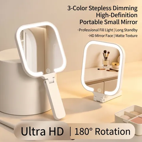 Specchio Trucco a Mano LED Pieghevole Portatile Specchio da Viaggio Con 3 Modalità di Luce Ricaricabile USB Specchio Compatto