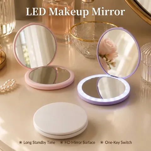 Tragbarer LED Kosmetikspiegel Klappbarer Doppelseitiger 2-Fach Vergrößerung Handspiegel Mit Licht Kompaktspiegel ABS Für Reise Make-up Rund Klein