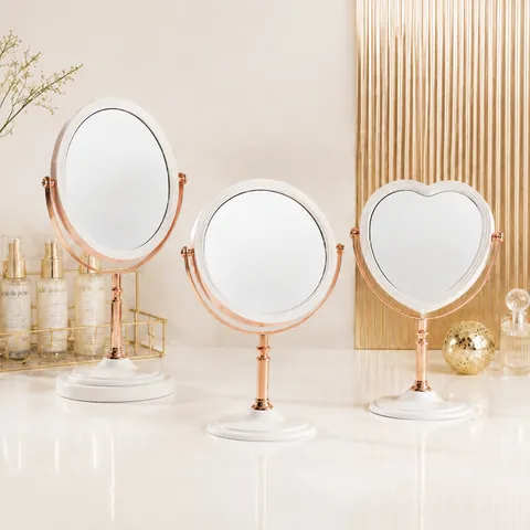 Vintage Rose Gold Double Sided Desktop Makeup Mirror Heart Round Oval Rotatable Iron Vanity Mirror For Women Home Dressing Table
