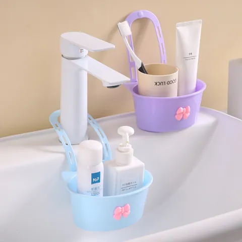 Panier de Vidange Suspendu pour Évier de Cuisine Support de Rangement de Robinet Réglable pour Éponge Épurateur Organisateur de Savon de Salle de Bain Nœud Papillon Plastique PP