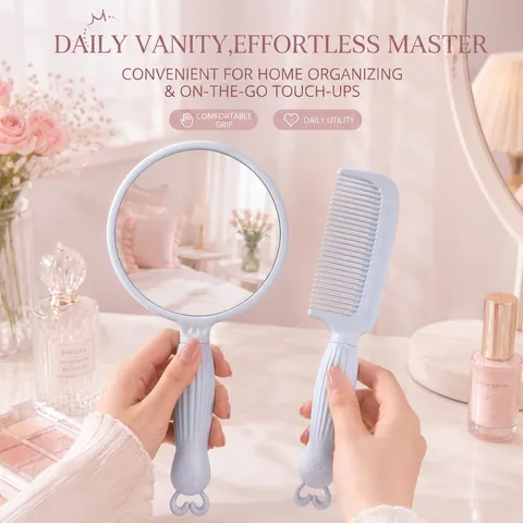 Portable Handheld Makeup Mirror And Comb Set Cute Cartoon Rabbit Handle Circular Vanity Mirror Hair Styling Tool Women Girls