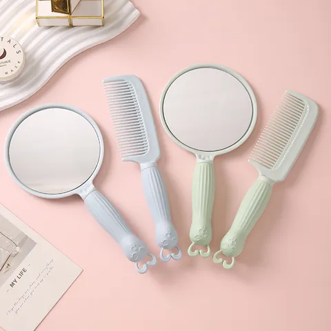 Portable Handheld Makeup Mirror And Comb Set Cute Cartoon Rabbit Handle Circular Vanity Mirror Hair Styling Tool Women Girls