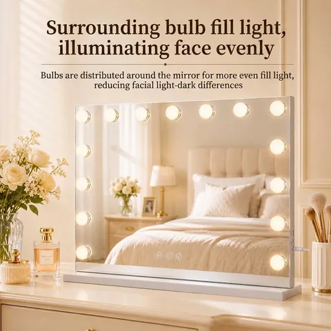 Hollywood LED Vanity Mirror Large Desktop Makeup Mirror With Multiple Bulbs Adjustable Brightness Triple Light Modes Touch Control Square Tabletop Mirror