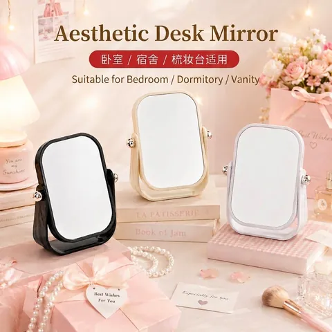 Doppelseitiger HD Kosmetikspiegel Drehbarer Tischspiegel Tragbarer Schminkspiegel Für Schlafzimmer Wohnheim Creme Stil Verstellbar Tischspiegel