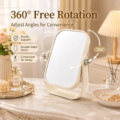 Doppelseitiger HD Kosmetikspiegel Drehbarer Tischspiegel Tragbarer Schminkspiegel Für Schlafzimmer Wohnheim Creme Stil Verstellbar Tischspiegel