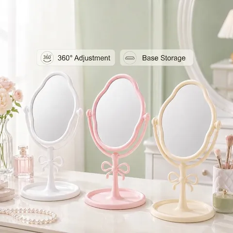 Schleife Desktop Schminkspiegel Mit Aufbewahrungsbasis Drehbarer Prinzessin Stil Kosmetikspiegel Für Schlafzimmer Deko