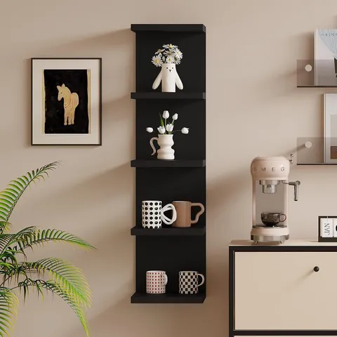 Modern 5 Tier Vertical Floating Shelves Wall Mounted Storage Rack PVC Wood Plastic Board Display Shelf for Home Office Decor