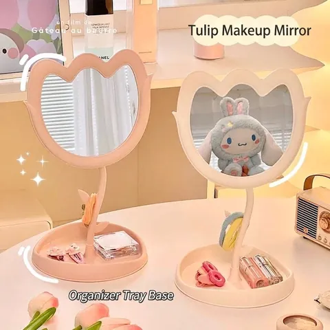 Espejo de Maquillaje de Escritorio con Forma de Flor de Tulipán con Bandeja de Almacenamiento Rotación de 360 Grados Lindo Espejo de Princesa para Hogar Dormitorio Escritorio Mujer