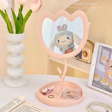 Espejo de Maquillaje de Escritorio con Forma de Flor de Tulipán con Bandeja de Almacenamiento Rotación de 360 Grados Lindo Espejo de Princesa para Hogar Dormitorio Escritorio Mujer